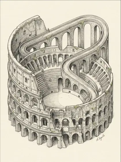 Architectural sketch of an impossible colosseum by Amy Ingalls