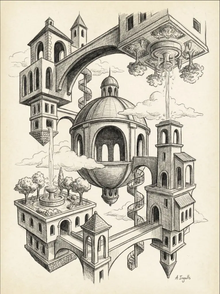 Architectural sketch of a floating courtyard by Amy Ingalls