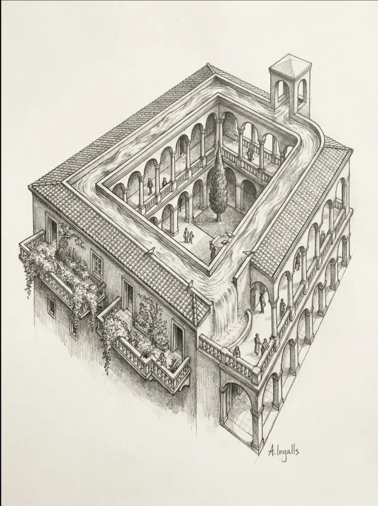 Architectural sketch of impossible towers by Amy Ingalls