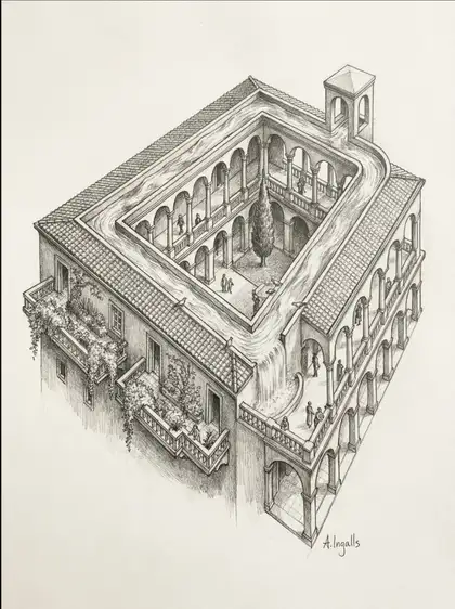 Architectural sketch of impossible towers by Amy Ingalls