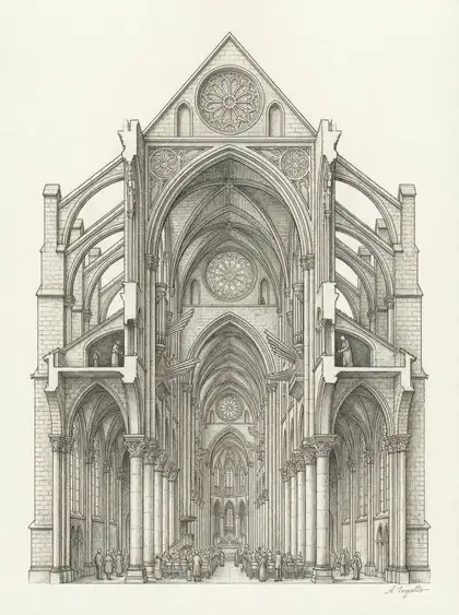 Graphite sketch of a Gothic cathedral with infinitely recursive arches by Amy Ingalls