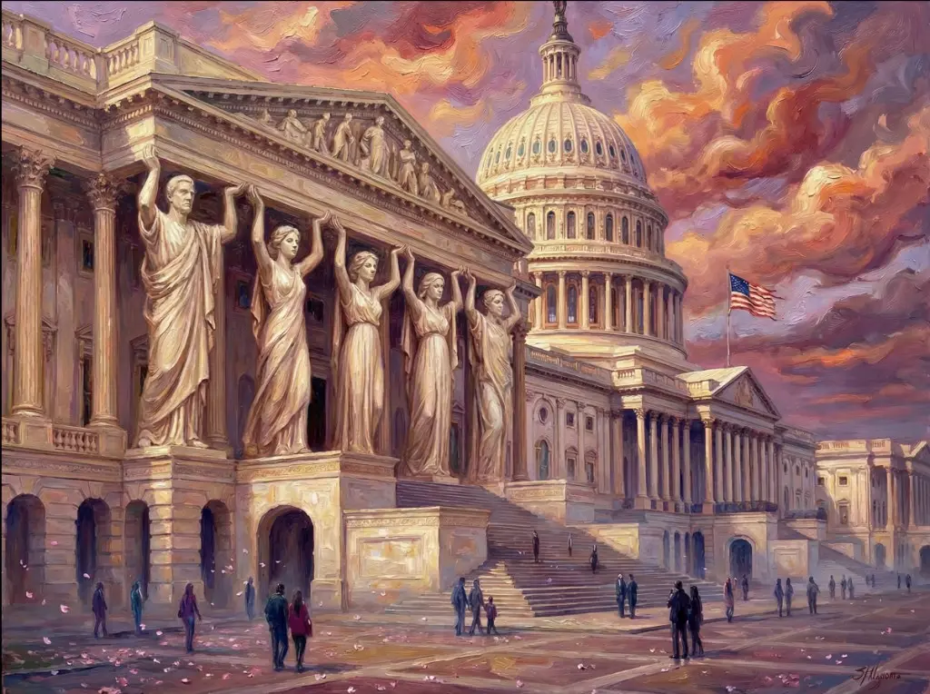 Capitol building with caryatid columns and cherry blossoms by Amy Ingalls