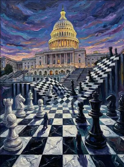 Capitol building with giant chess board and pieces by Amy Ingalls