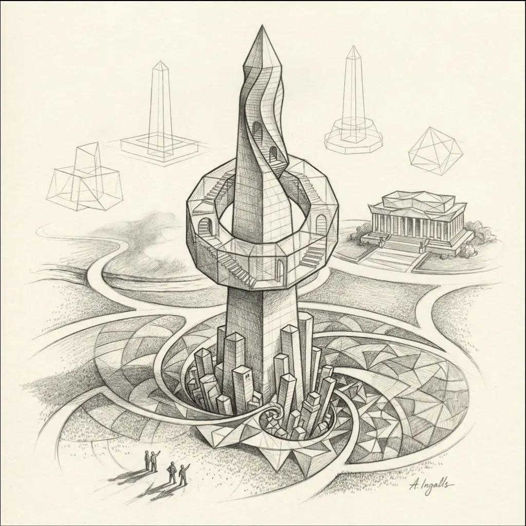 Architectural sketch of a Washington monument alternate reality by Amy Ingalls