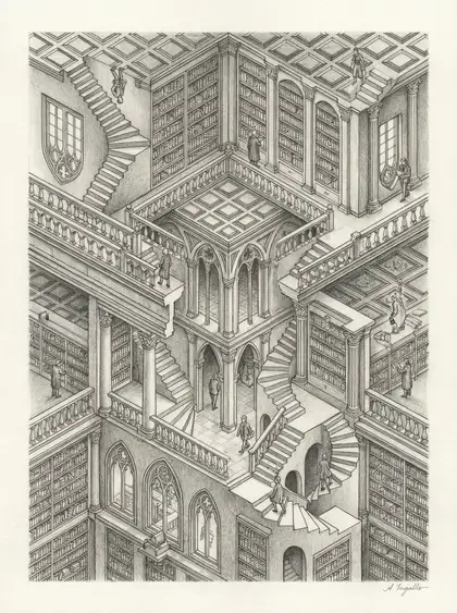 Graphite sketch of an infinite Escher-style library with impossible staircases by Amy Ingalls