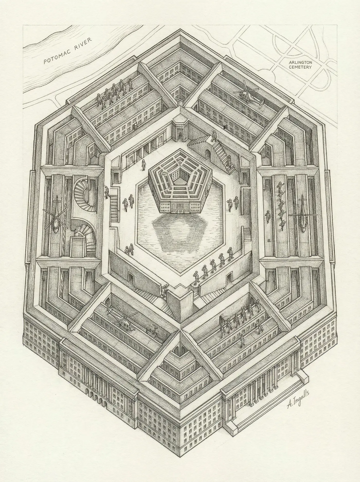 Graphite aerial sketch of the Pentagon reimagined as a labyrinth by Amy Ingalls