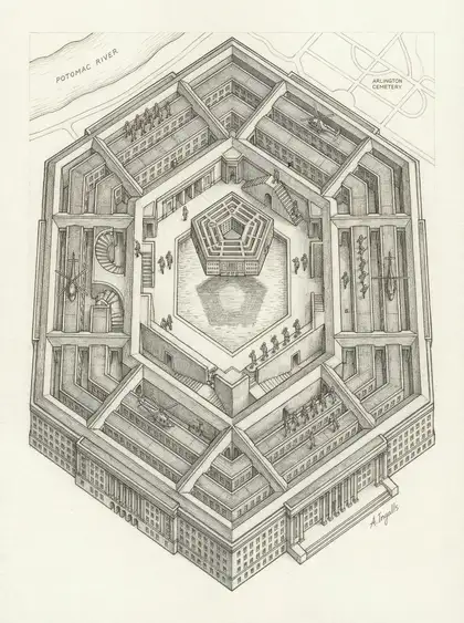 Graphite aerial sketch of the Pentagon reimagined as a labyrinth by Amy Ingalls