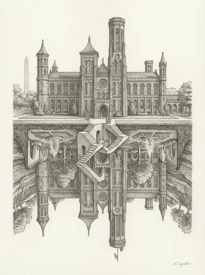 Graphite sketch of the Smithsonian Castle mirrored and inverted underground by Amy Ingalls