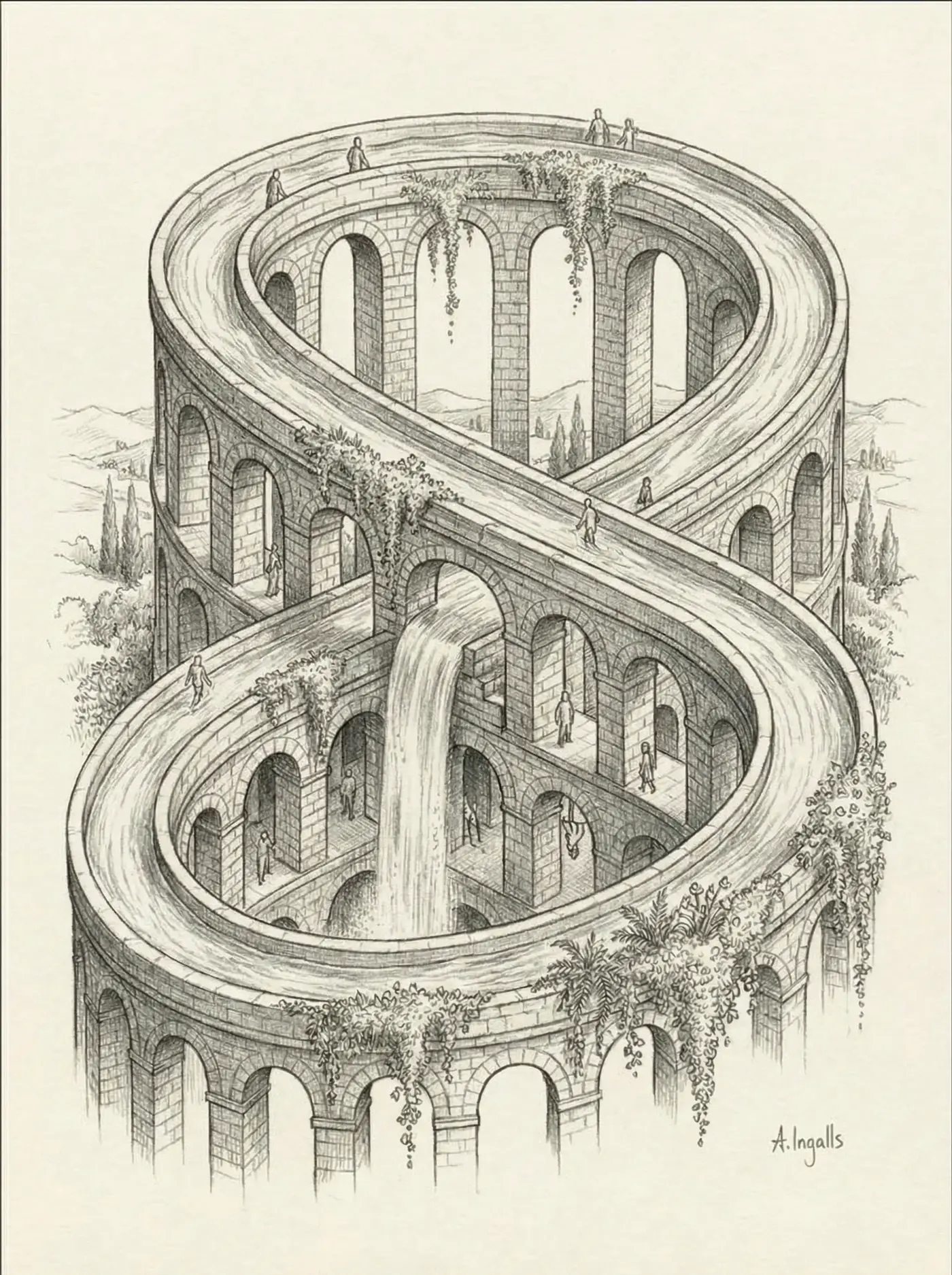 Graphite sketch of a looping impossible Roman aqueduct by Amy Ingalls
