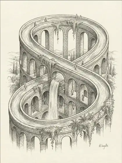 Graphite sketch of a looping impossible Roman aqueduct by Amy Ingalls