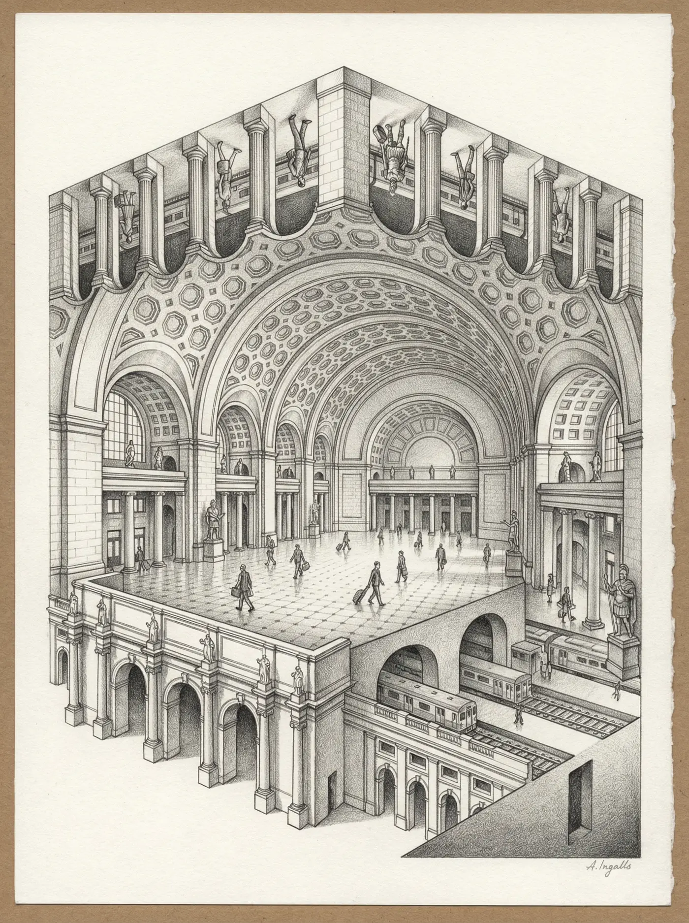 Graphite sketch of Union Station Washington DC rendered as a tesseract by Amy Ingalls