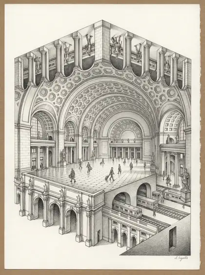 Graphite sketch of Union Station Washington DC rendered as a tesseract by Amy Ingalls